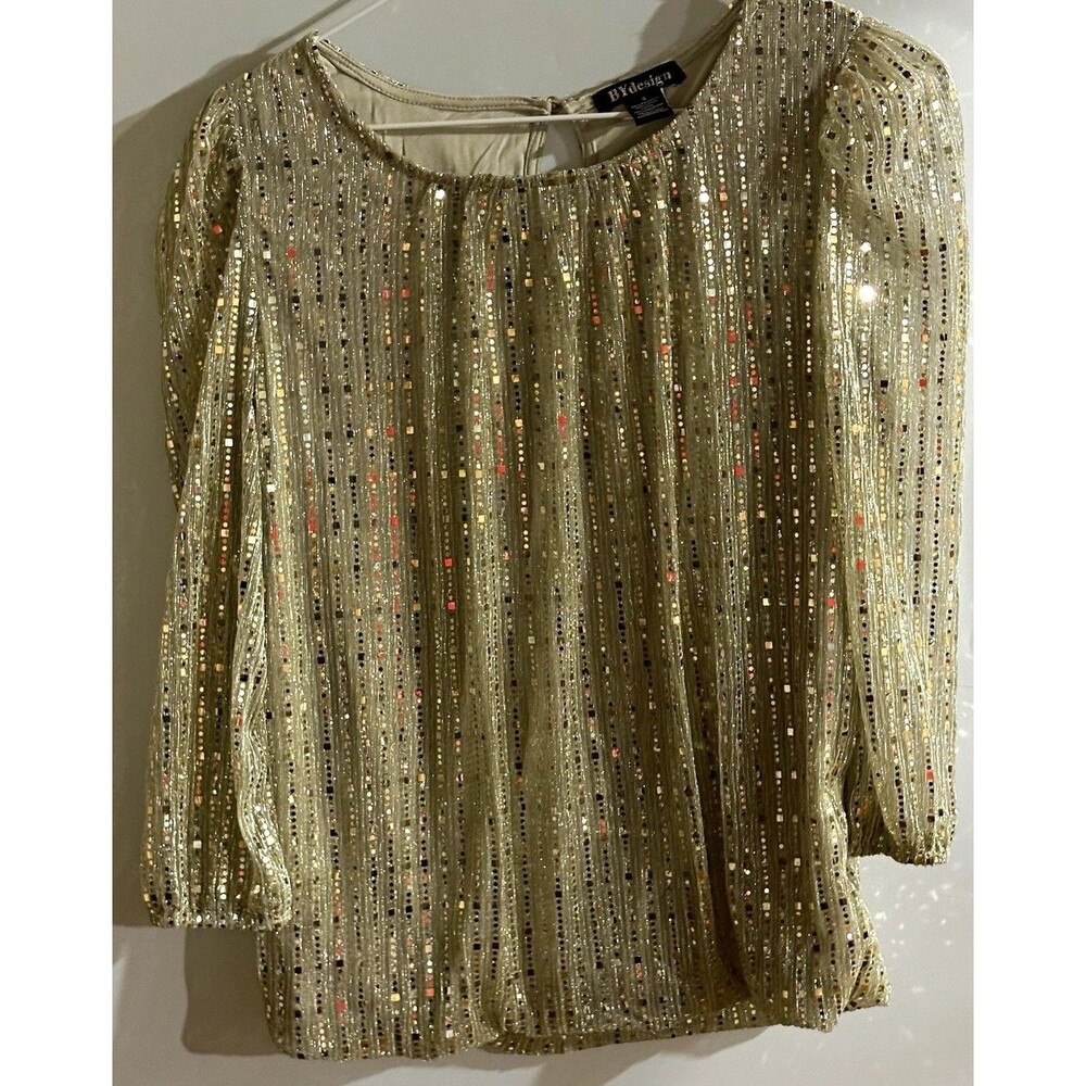 Bydesign Women’s Top S Gold Solid Sequin Knit Round Neck 3/4 Sleeve Pullover
